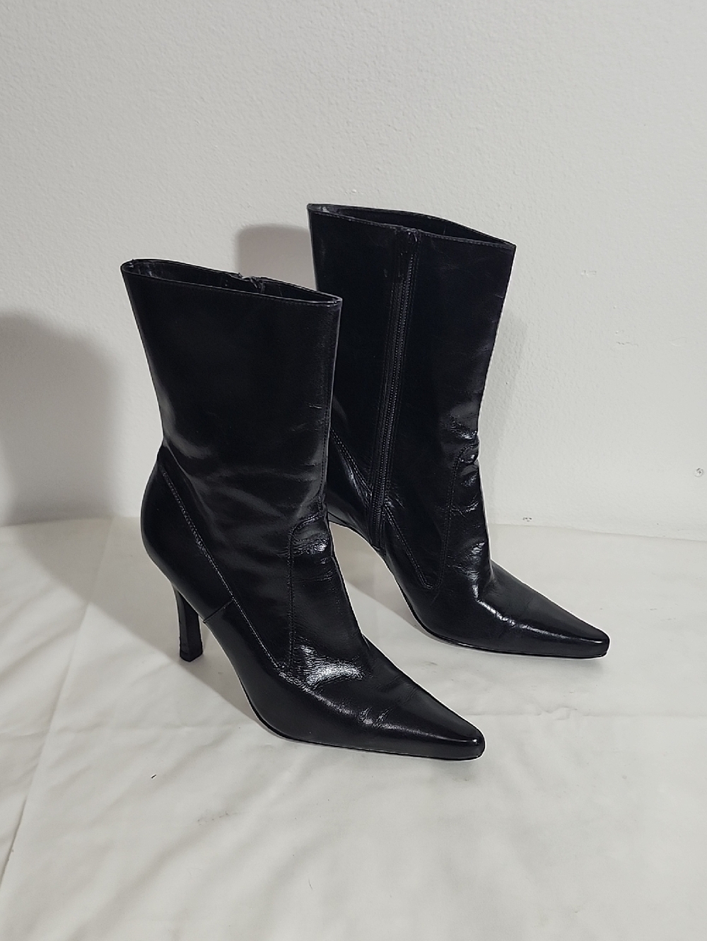 Nine West Black Leather Upper Pointed-Toe Mid-Calf Stiletto Boots 4" Heels